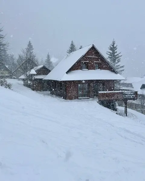 Zasněžená chata u Stopy